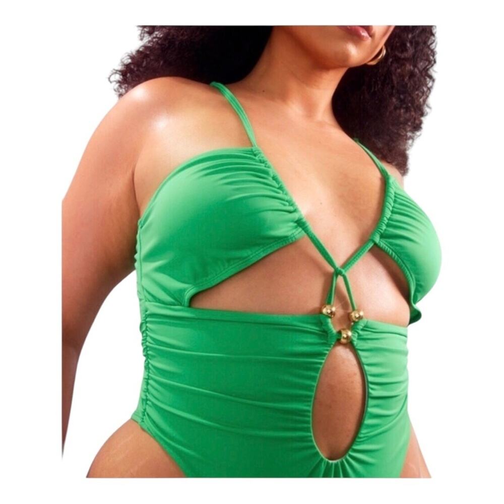 PrettyLittleThing Green Bead Detail Ruched Cut Out Plus Swimsuit Women’s Size 22 - Picture 13 of 15